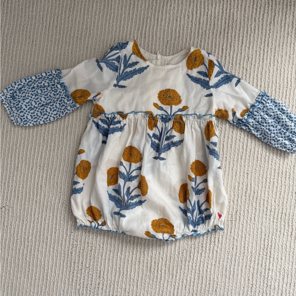 Pink Chicken White Long Sleeve Bubble with Yellow and Blue Floral Design